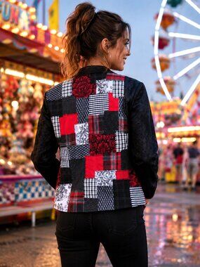 Upcycled Patchwork Jacket Handcrafted Boho Red Black White Blazer Size 14P